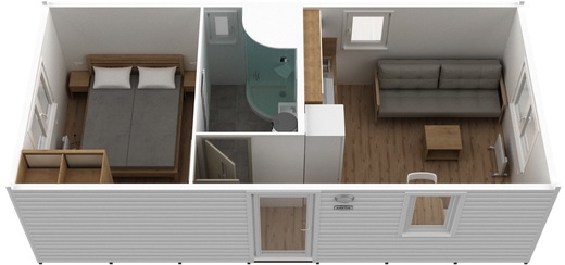 Mobilheim Super Arktik Economy – ložnice, obývák s kuchyní a koupelna